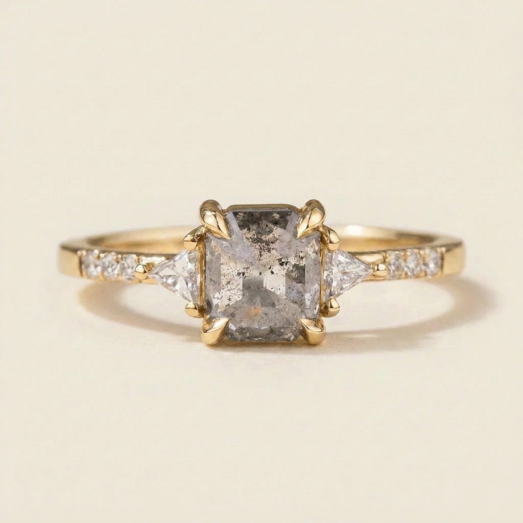 2.05 CT Asscher & Round Cut Salt and Pepper Diamond Three Stone Ring