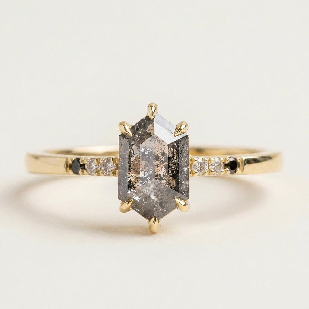 1.45 CT Hexagon Cut Salt and Pepper Diamond Solitaire Ring
