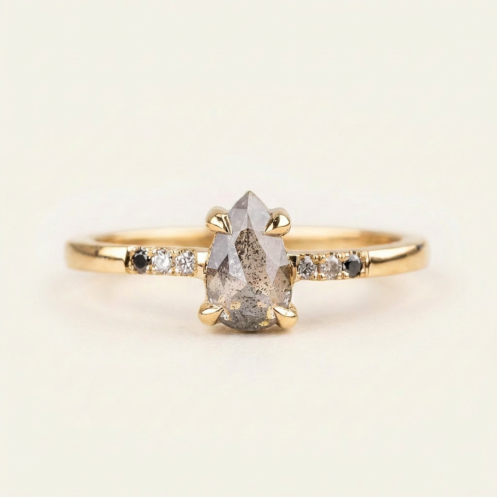 1.75 CT Pear Cut Salt and Pepper Diamond Solitaire Ring (V1)