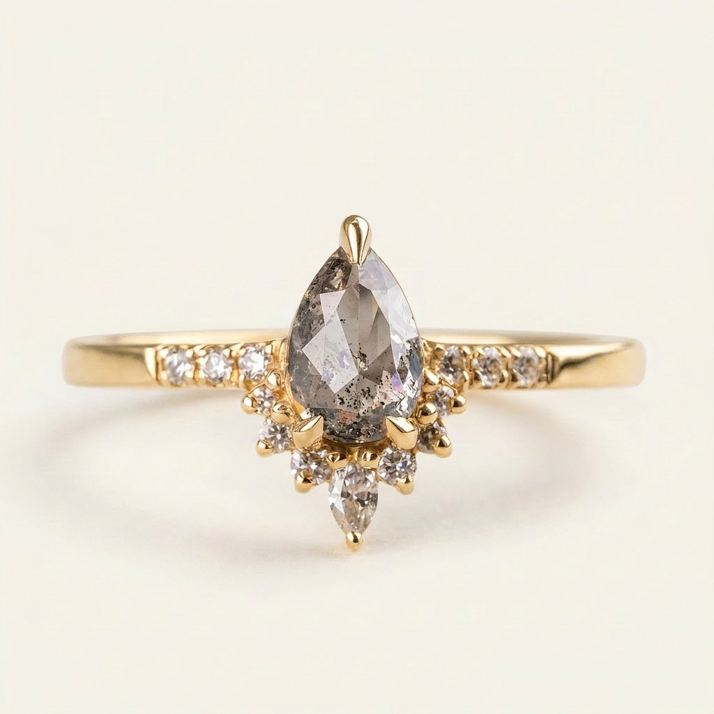 1.55 CT Pear & Round Cut Salt and Pepper Diamond Cluster Ring