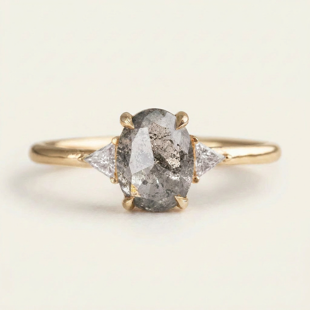 1.50 CT Oval & Triangle Cut Salt and Pepper Diamond Three Stone Ring