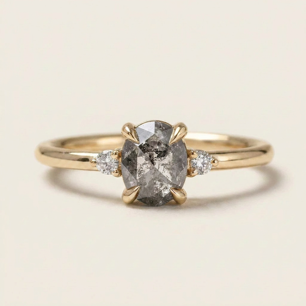 1.45 CT Oval & Round Cut Salt and Pepper Diamond Three Stone Ring