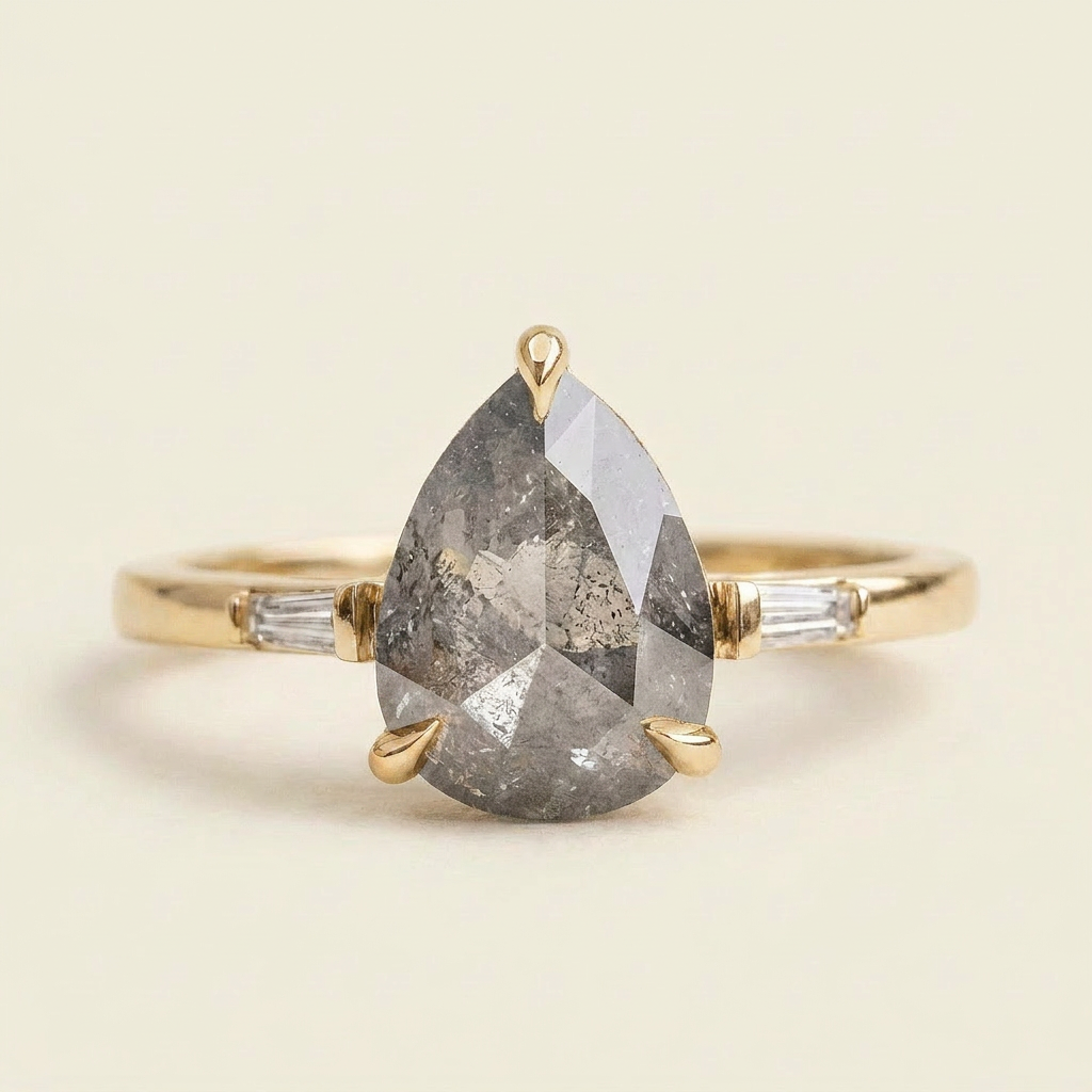 1.80 CT Pear & Baguette Cut Salt and Pepper Diamond Three Stone Ring