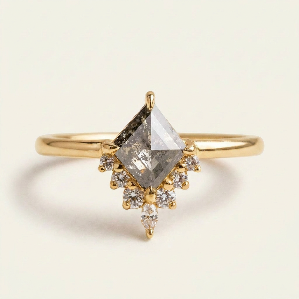1.45 CT Kite & Round Cut Salt and Pepper Diamond Cluster Ring