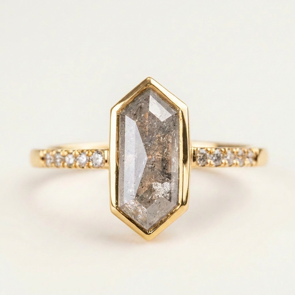 1.95 CT Hexagon Cut Salt and Pepper Diamond Solitaire Ring