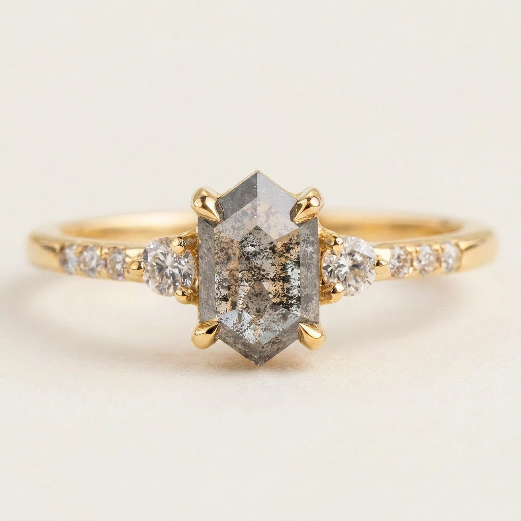 1.75 CT Hexagon & Round Cut Salt and Pepper Diamond Three Stone Ring