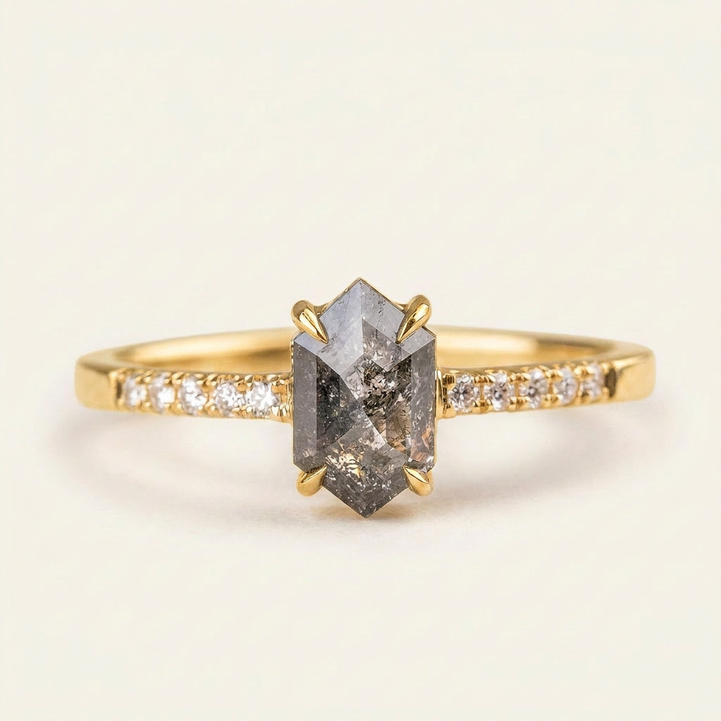 1.70 CT Hexagon Cut Salt and Pepper Diamond Solitaire Ring
