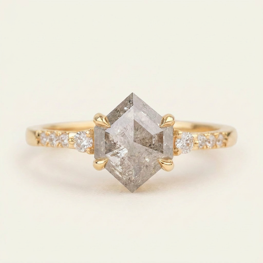 1.65 CT Hexagon & Round Cut Salt and Pepper Diamond Three Stone with Side Stones Ring
