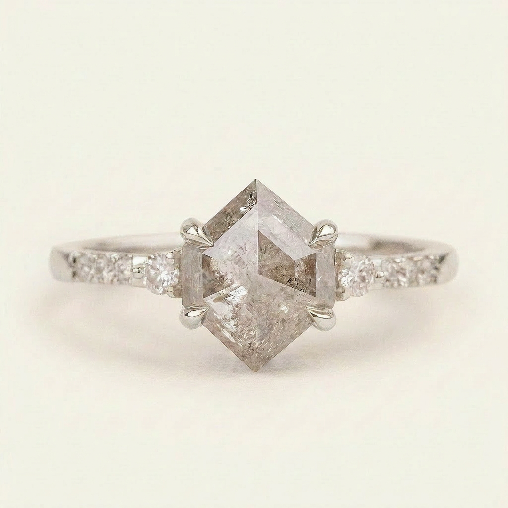 1.65 CT Hexagon & Round Cut Salt and Pepper Diamond Three Stone with Side Stones Ring