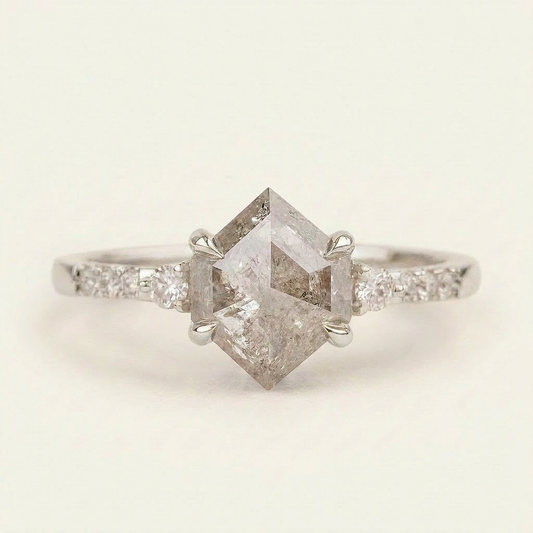 1.65 CT Hexagon & Round Cut Salt and Pepper Diamond Three Stone with Side Stones Ring