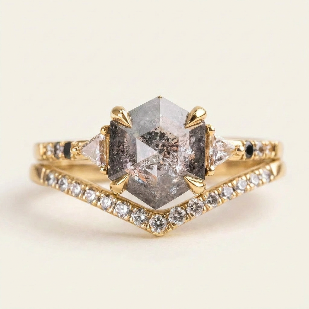 1.65 CT Hexagon & Triangle Cut Salt and Pepper Diamond Three Stone Ring