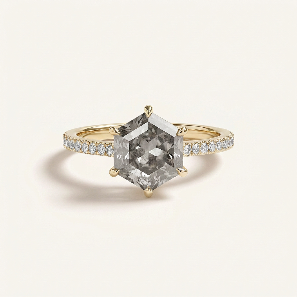 1.50 CT Hexagon Cut Salt and Pepper Diamond Pavé Solitaire Ring