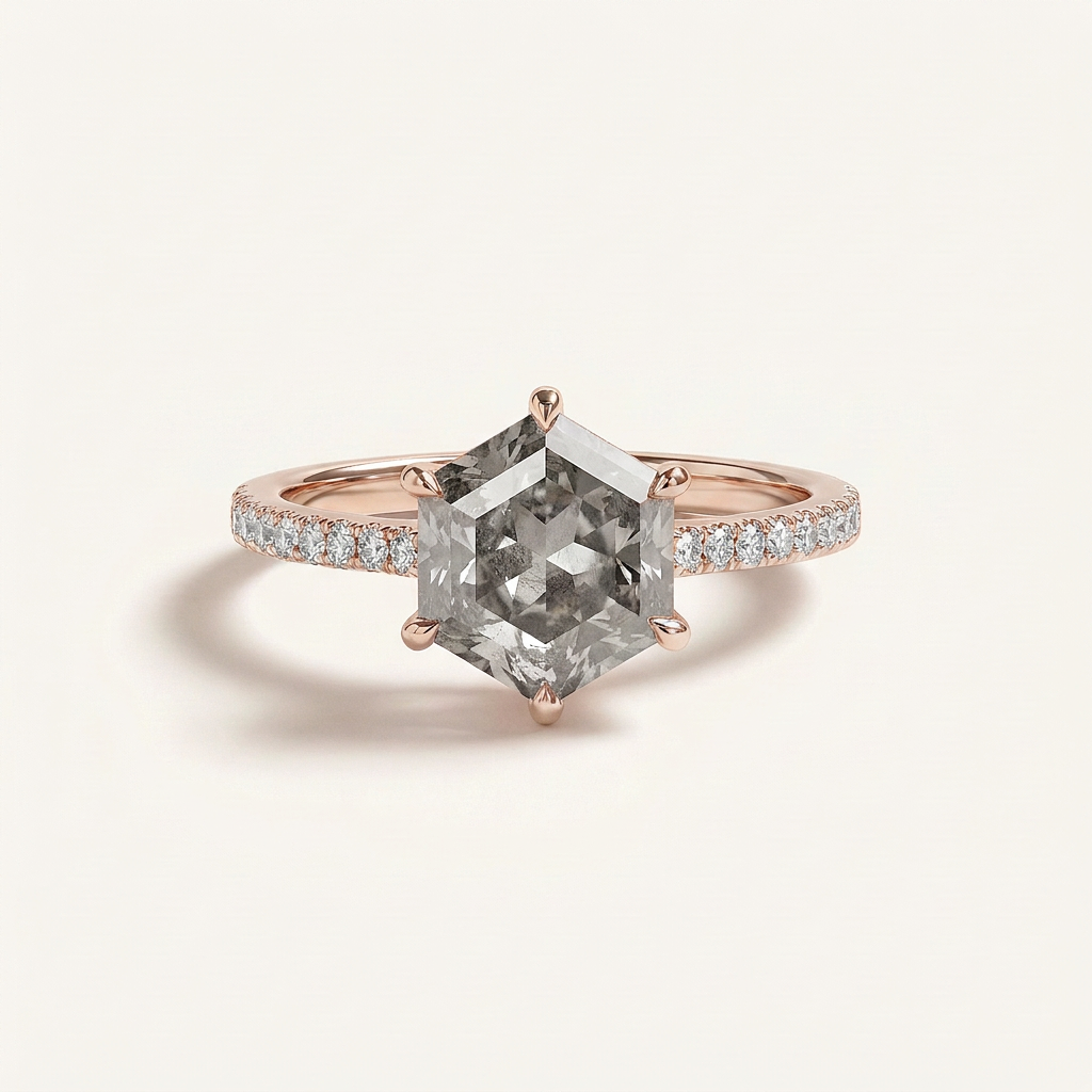 1.50 CT Hexagon Cut Salt and Pepper Diamond Pavé Solitaire Ring