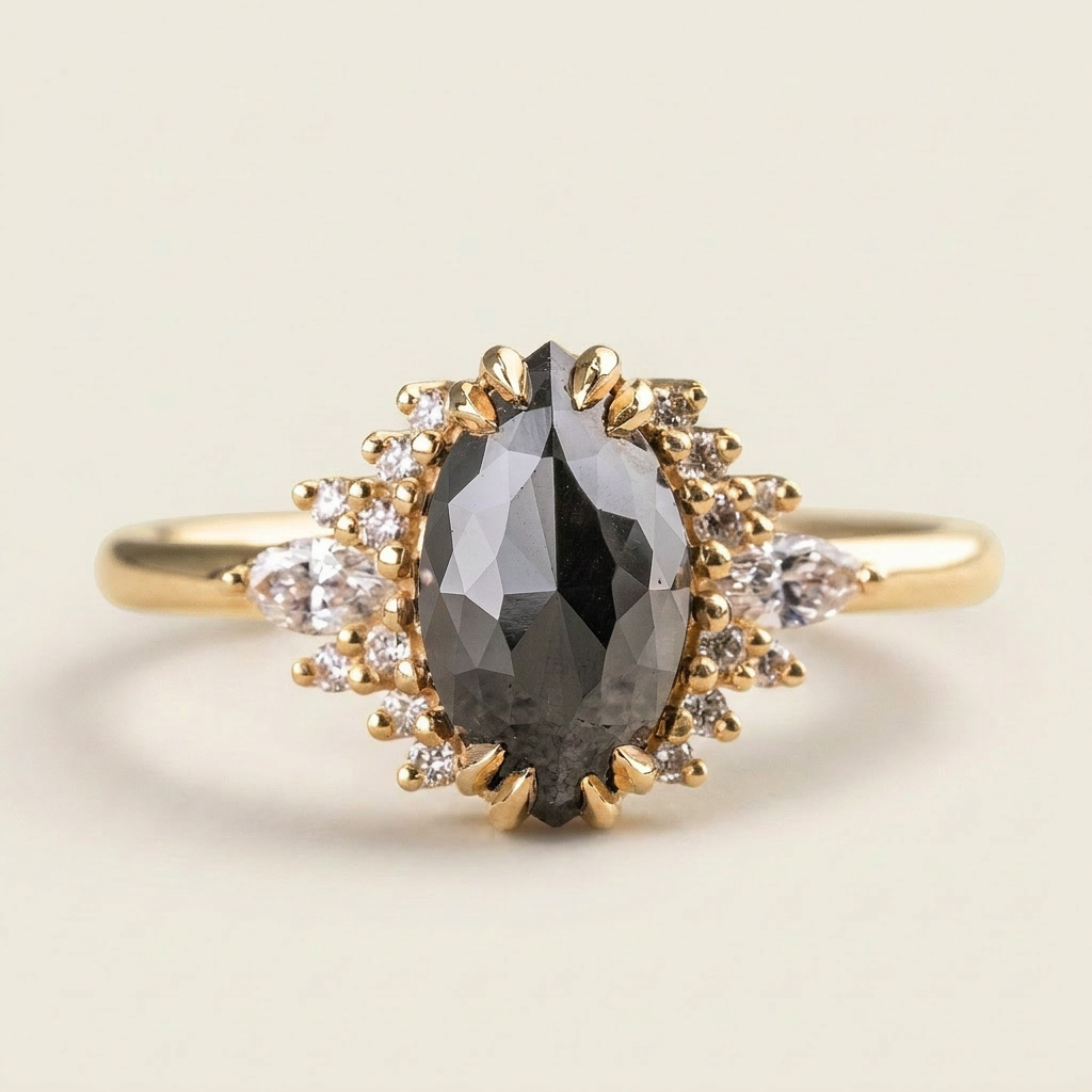 1.60 CT Marquise & Round Cut Salt and Pepper Diamond Cluster Ring