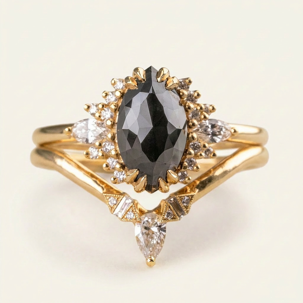 1.60 CT Marquise & Round Cut Salt and Pepper Diamond Cluster Ring