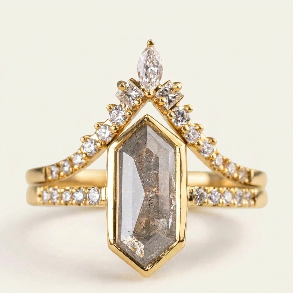 1.95 CT Hexagon Cut Salt and Pepper Diamond Solitaire Ring