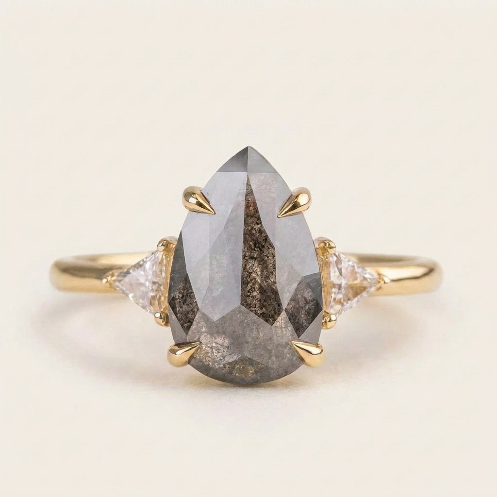 1.65 CT Pear & Triangle Cut Salt and Pepper Diamond Three Stone Ring