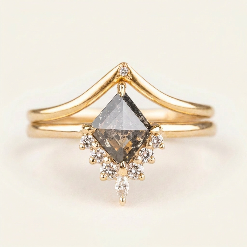 1.45 CT Kite & Round Cut Salt and Pepper Diamond Cluster Ring