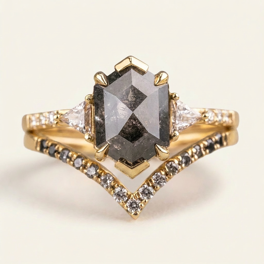 1.80 CT Hexagon & Round Cut Salt and Pepper Diamond Three Stone Ring