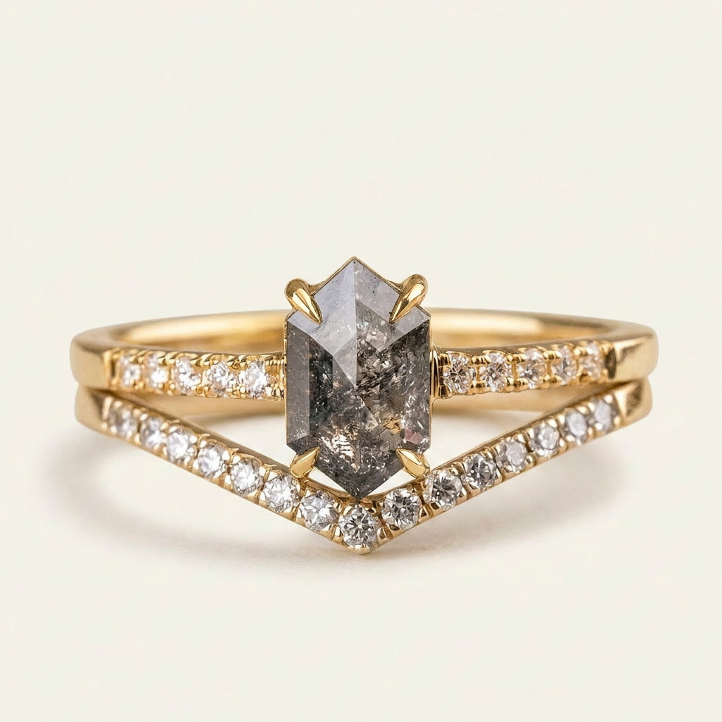 1.70 CT Hexagon Cut Salt and Pepper Diamond Solitaire Ring