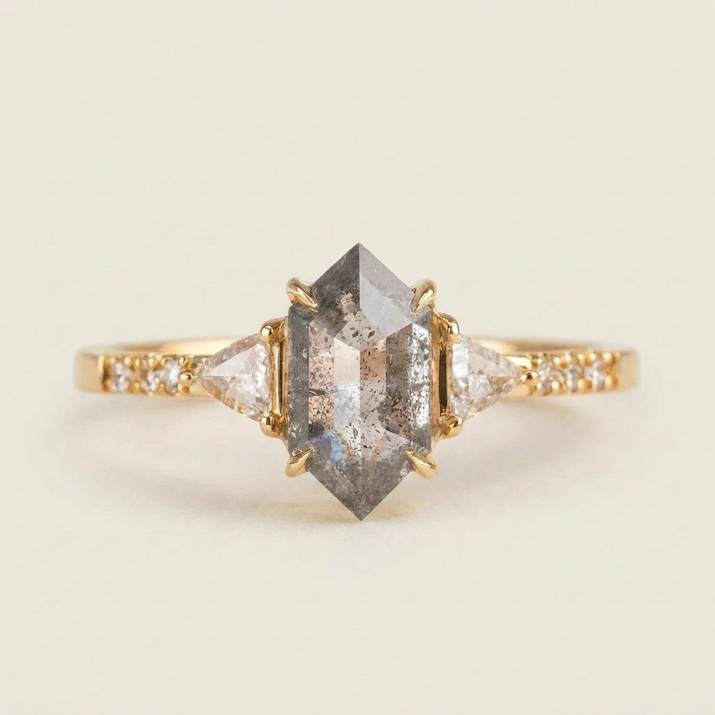 1.65 CT Hexagon & Round Cut Salt and Pepper Diamond Three Stone Ring (V-Artdeco)