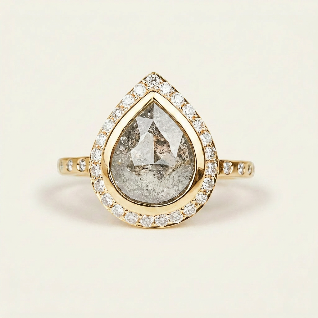 2.35 CT Pear & Round Cut Salt and Pepper Diamond Halo Ring