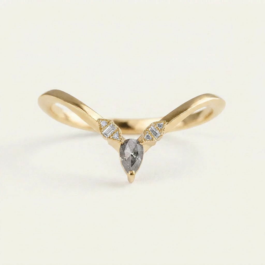 0.18 CT Pear & Baguette Cut Salt and Pepper Diamond Ring