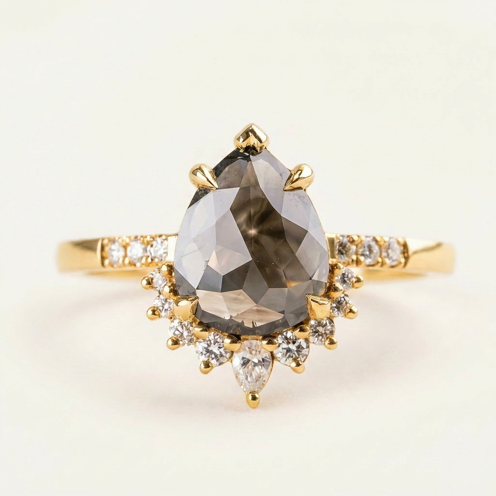 1.45 CT Pear & Round Cut Salt and Pepper Diamond Cluster Ring (V1)