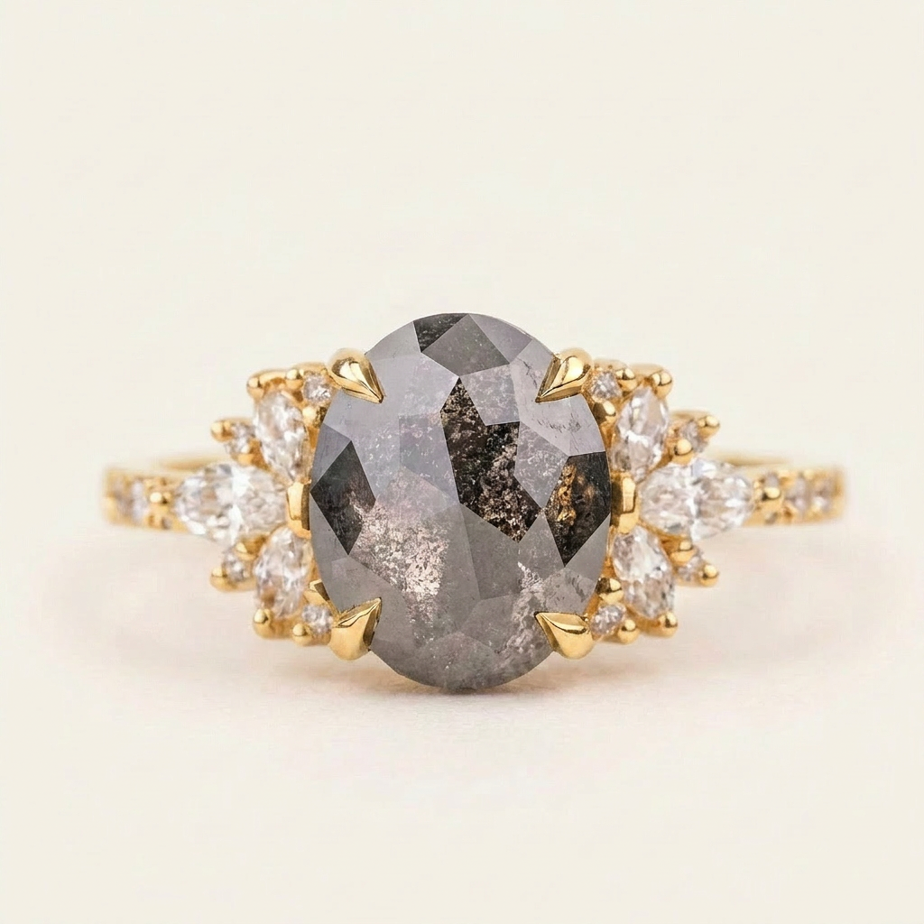 2.10 CT Oval & Round Cut Salt and Pepper Diamond Cluster Ring