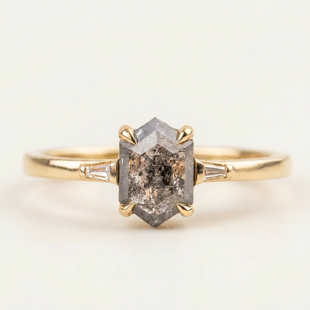 1.35 CT Hexagon & Baguette Cut Salt and Pepper Diamond Three Stone Ring