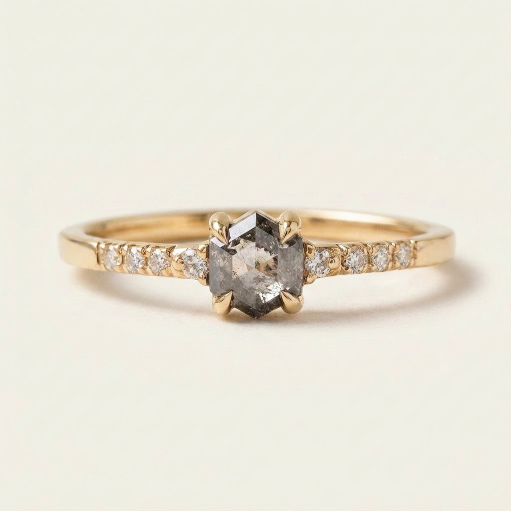 1.30 CT Hexagon Cut Salt and Pepper Diamond Solitaire Ring (V1)