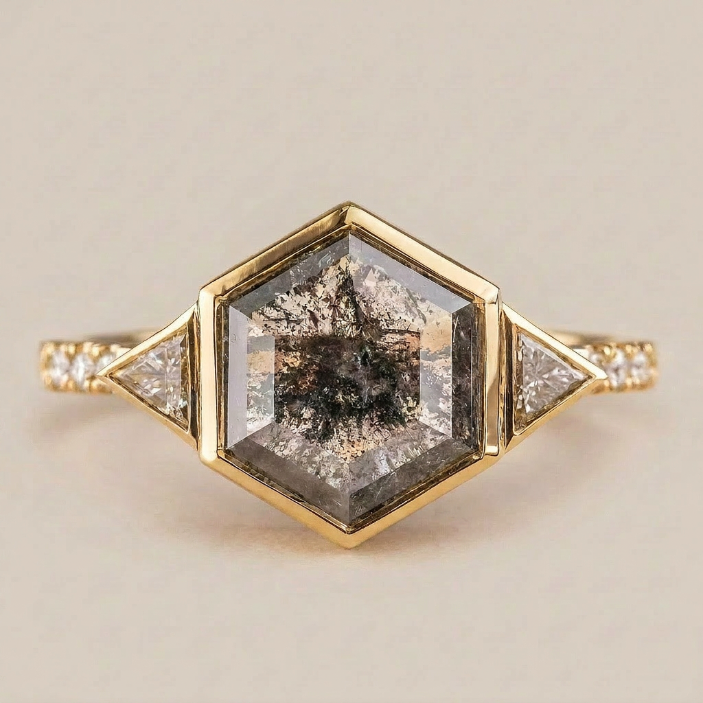 1.70 CT Hexagon & Triangle Cut Salt and Pepper Diamond Three Stone Ring