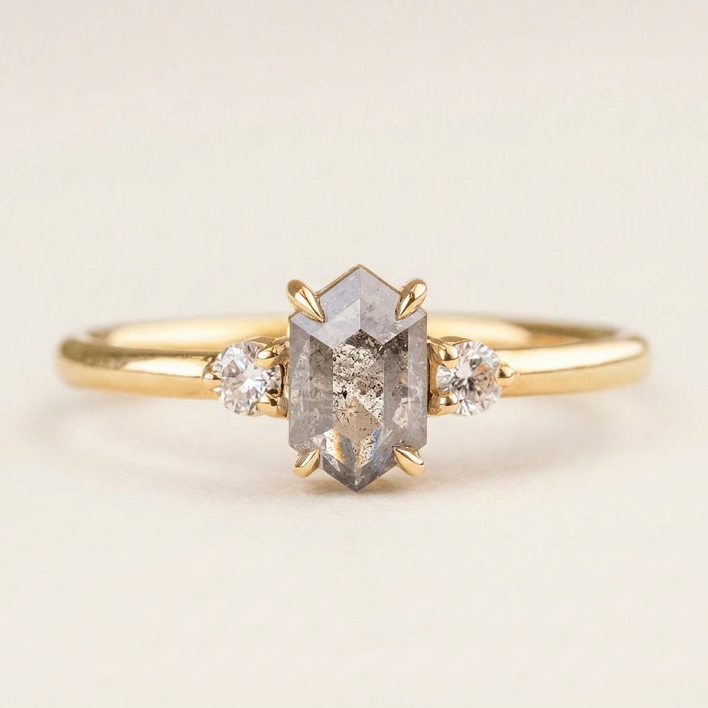 1.35 CT Hexagon & Round Cut Salt and Pepper Diamond Three Stone Ring