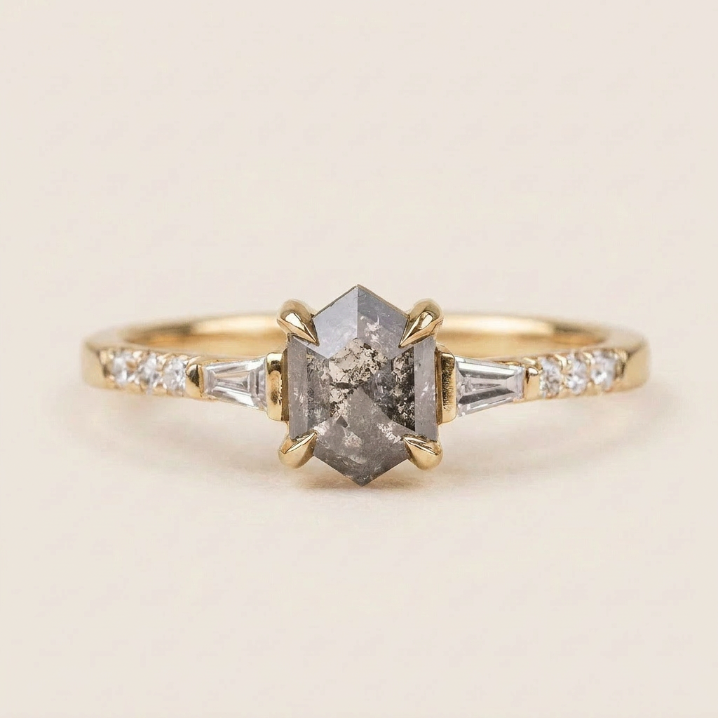 1.45 CT Hexagon & Round Cut Salt and Pepper Diamond Three Stone Ring (V-Artdeco)