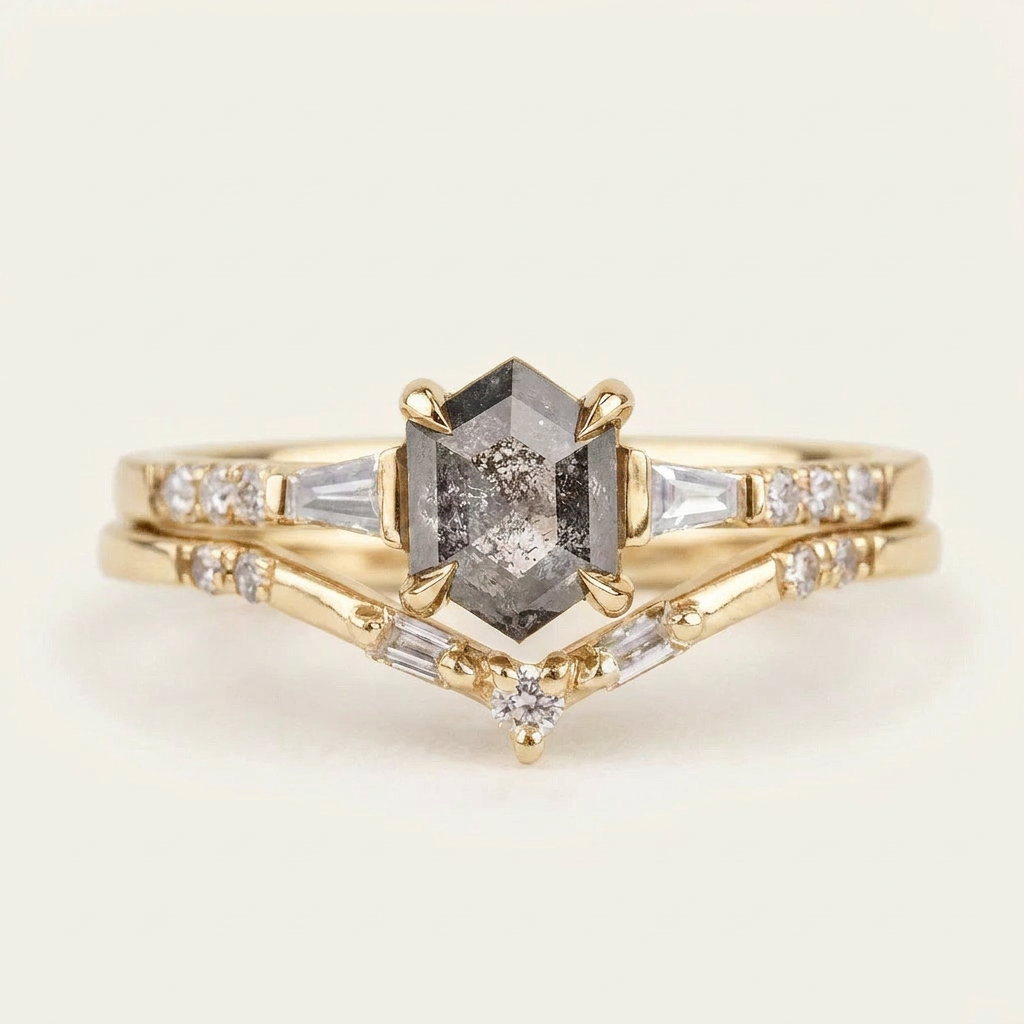 1.45 CT Hexagon & Round Cut Salt and Pepper Diamond Three Stone Ring (V-Artdeco)