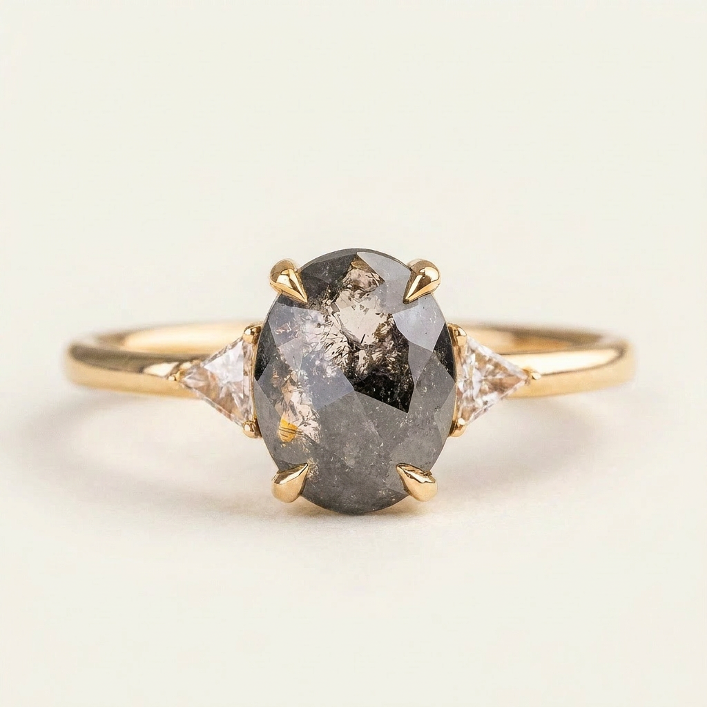 1.80 CT Oval & Triangle Cut Salt and Pepper Diamond Three Stone Ring