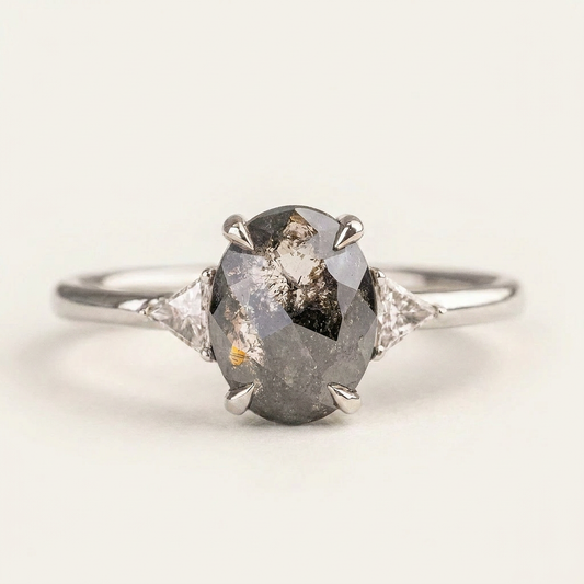 1.80 CT Oval & Triangle Cut Salt and Pepper Diamond Three Stone Ring