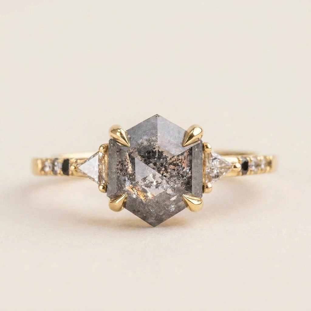 1.65 CT Hexagon & Triangle Cut Salt and Pepper Diamond Three Stone Ring