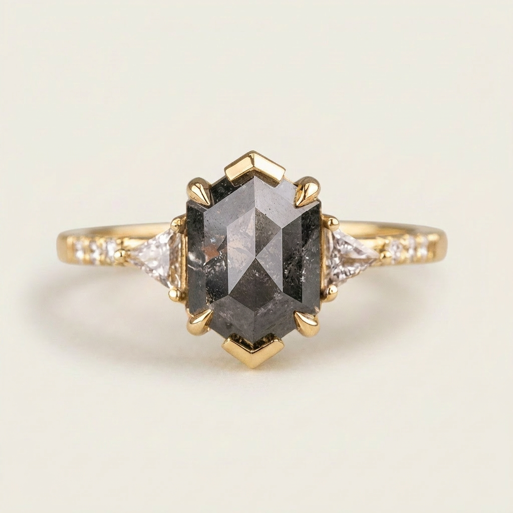 1.80 CT Hexagon & Round Cut Salt and Pepper Diamond Three Stone Ring