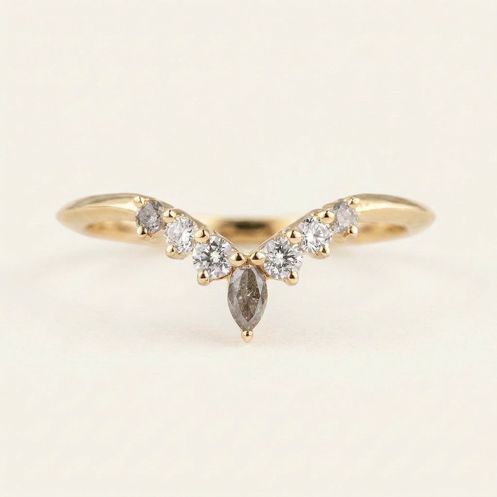 0.25 CT Marquise & Round Cut Salt and Pepper Diamond Ring (V1)