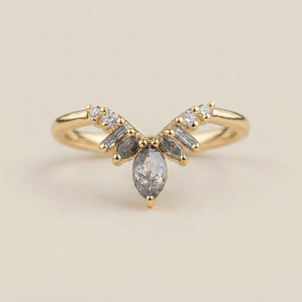 0.32 CT Marquise & Round Cut Salt and Pepper Diamond Ring