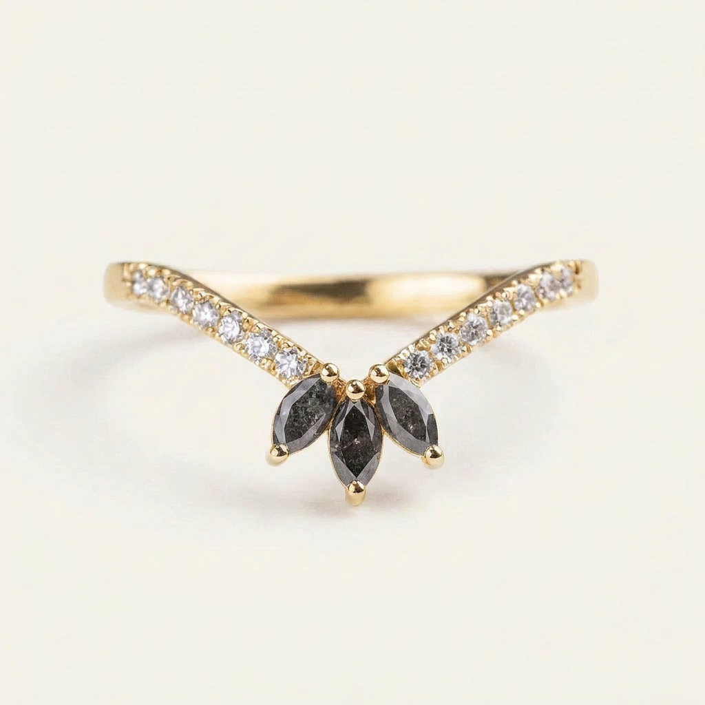 0.42 CT Marquise & Round Cut Salt and Pepper Diamond Ring