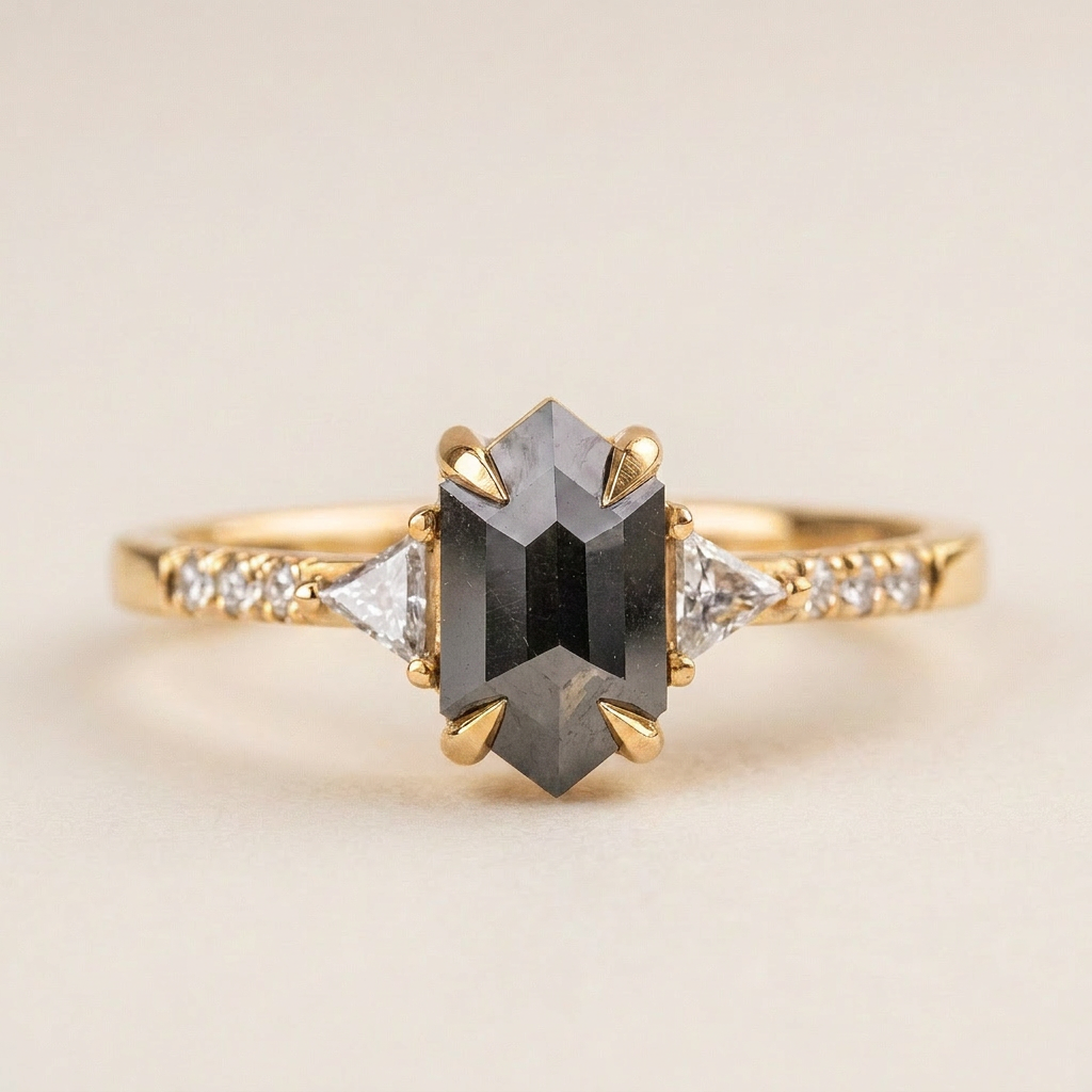 1.70 CT Hexagon & Round Cut Salt and Pepper Diamond Three Stone Ring (V1)