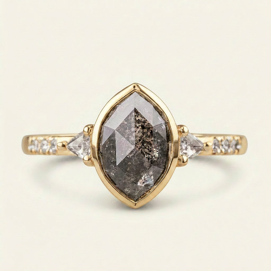 1.90 CT Marquise & Trillion Cut Salt and Pepper Diamond Three Stone Ring