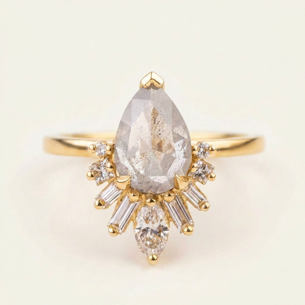 1.60 CT Pear & Round Cut Salt and Pepper Diamond Cluster Ring