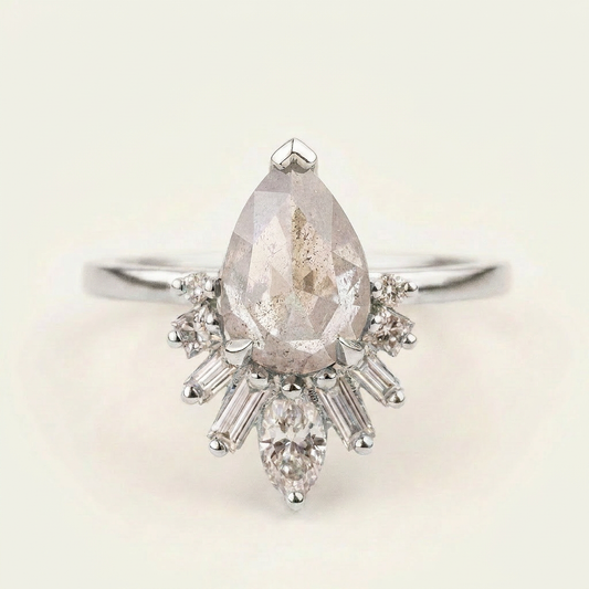 1.60 CT Pear & Round Cut Salt and Pepper Diamond Cluster Ring