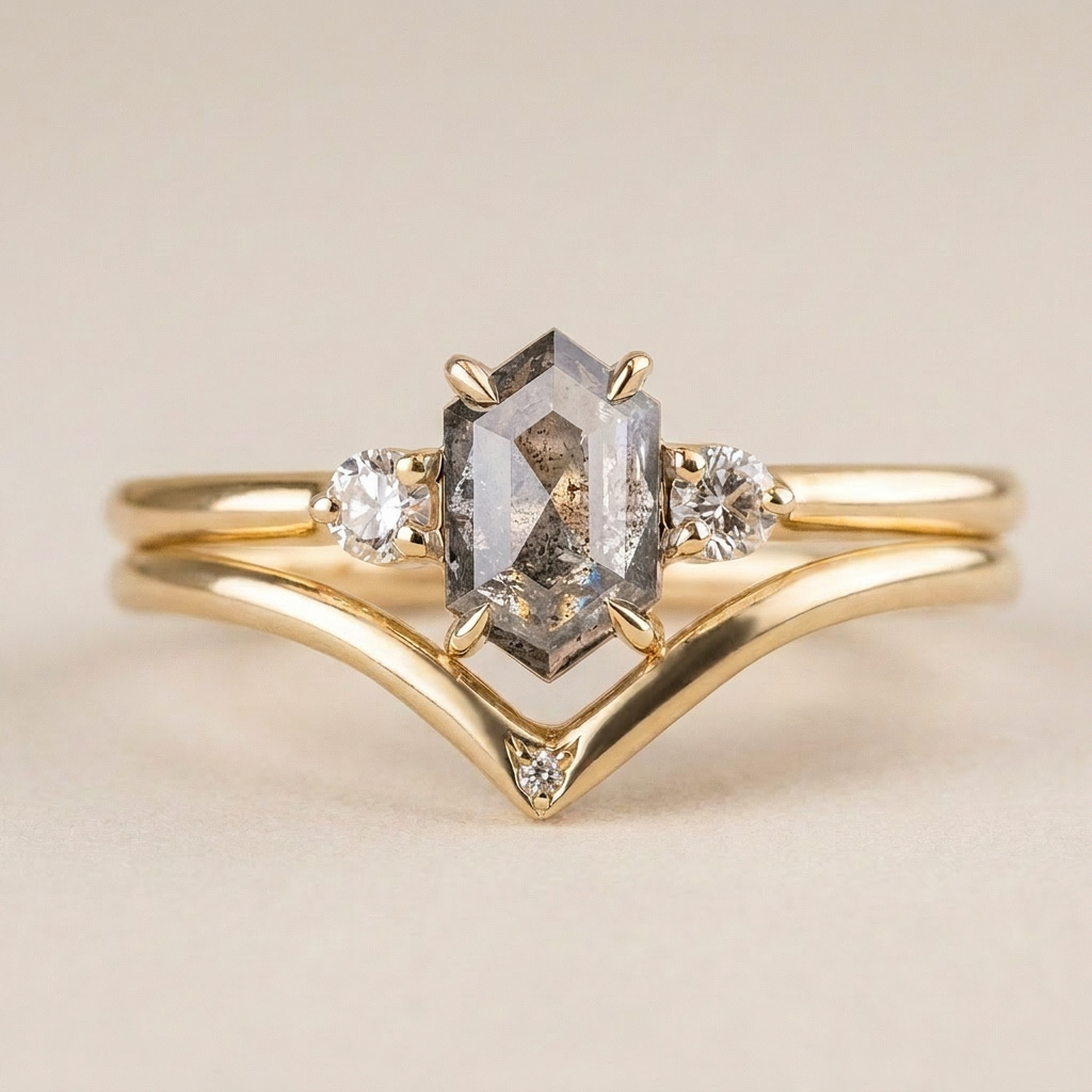1.35 CT Hexagon & Round Cut Salt and Pepper Diamond Three Stone Ring