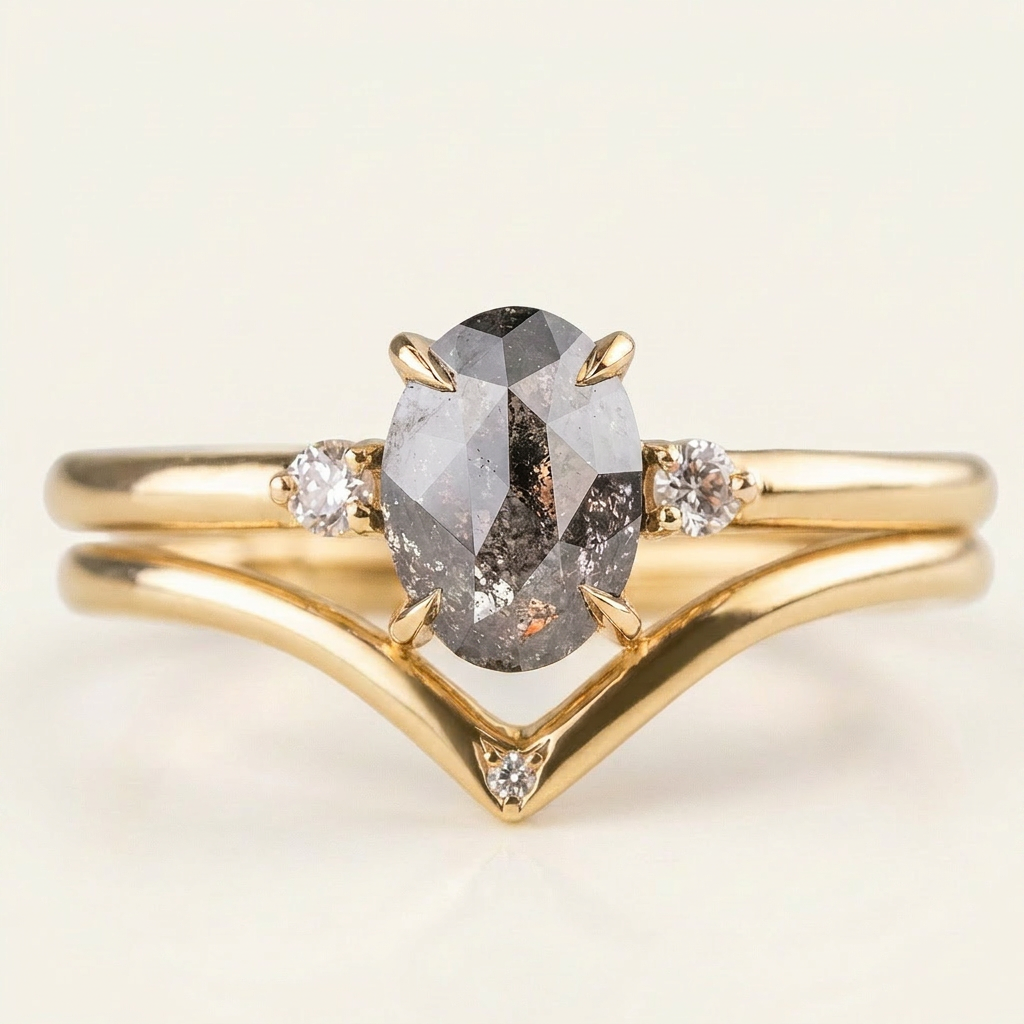 1.30 CT Oval & Round Cut Salt and Pepper Diamond Three Stone Ring