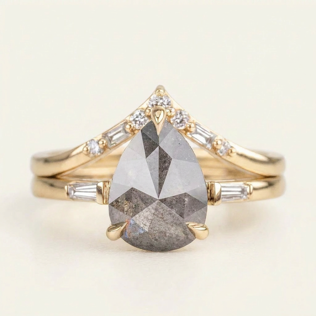 1.80 CT Pear & Baguette Cut Salt and Pepper Diamond Three Stone Ring