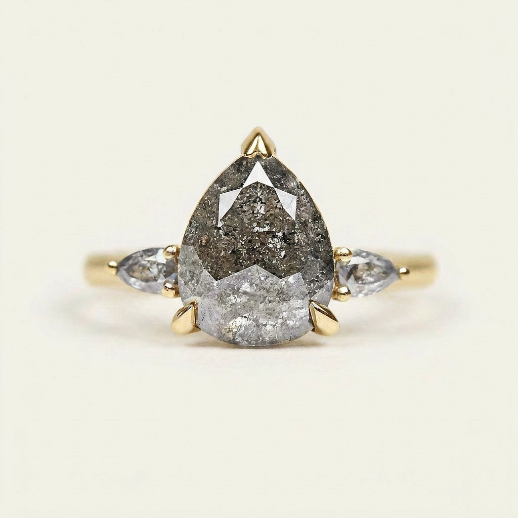 2.18 CT Pear Cut Salt and Pepper Diamond Three Stone Ring
